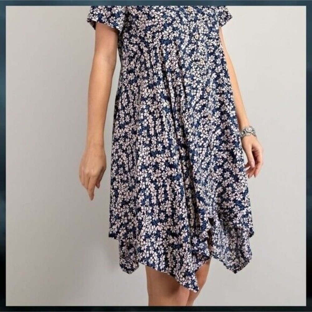 EASEL Lightweight Short Sleeved Collared Button Front Shark Bite Hem Shirt Dress - Picture 14 of 14